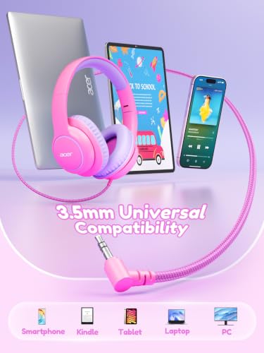 Image of Acer OHW328 Kids Headphones Wired for School - Over Ear Design | 85 /94dB Safe Volume Limit, 3.5mm Jack Foldable Headphones for Kids Boys Girls Classroom Yoto Player Chromebook Travel Pink