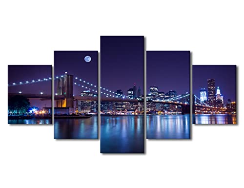 Full Moon 5 Pieces Canvas Wall Art NYC Brooklyn Bridge at Nigth Picture Painting on Canvas Manhattan Skyline Canvas Art Wall Decor Modern Home Decor Stretched and Framed Ready to Hang - 60"Wx32"H