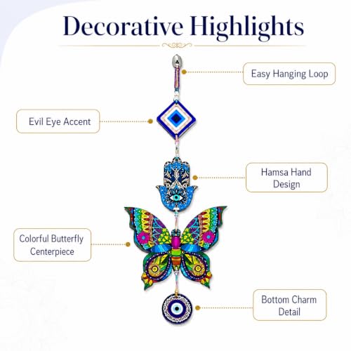 Image of Religious Door Hanging Decor with Pearl Beads & Tassel, Wooden Wall Hanging for Home Temple, Pooja Room, Entrance, Mandir Decoration & Spiritual Gift, Multicolor Butterfly