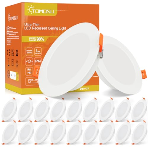 Tomosu Downlight LED Techo Empotrable Extraplano Redondo, 7W 700LM, Blanco Frio (6000K) IP44, Corte 95-105mm, Foco Empotrable LED Techo Ojo de Buey, 20 Pack