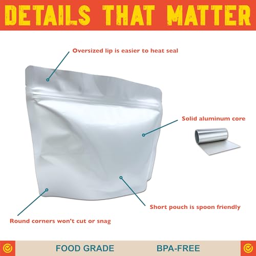 MRE Mylar Bags, 16 Mil Total Thickness, Stand-Up Resealable Pouches for Long-Term Food Storage, Freeze Dried Meals & Backpacking [50-Pack | 9" x 6.5" x 4.25"]