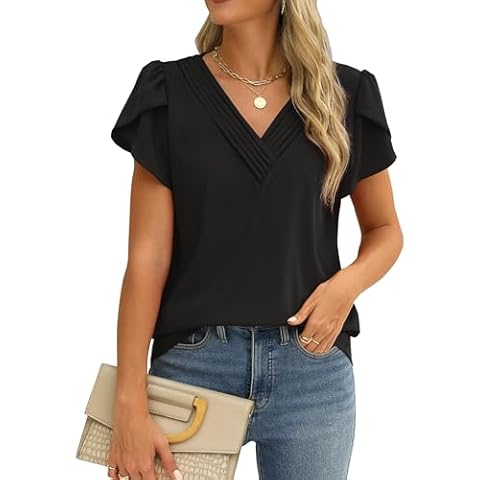 Fayenne Womens Tops Dressy Casual V Neck Ruffle Short Sleeve Blouse Business Casual Tops Chiffon Flowy Shirt Cute Summer Tops Black Cover