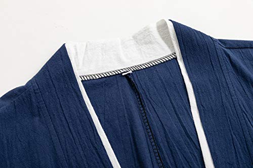 Image of Mens Japanese Kimono Cardigan Cotton Linen Haori Fashion 3 /4 Sleeve Yukata | Shawl Collar Kimono Jacket Robe Embroidery Patchwork Happi Coat Tie Pockets Lightweight Outerwear Daily Casual All Seasons
