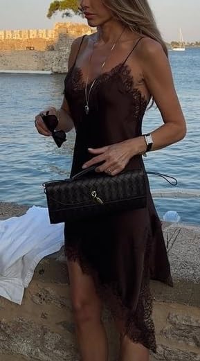 Women Lace Trim Satin High Low Tops Silk Spaghetti Strap Asymmetrical Side Split Cami Top Flowy Silky Layering Tops - Image 4