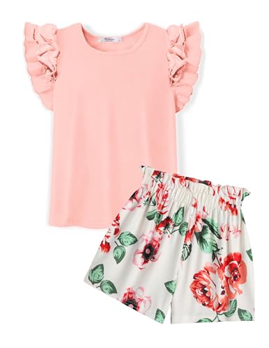Image of Arshiner Girls 2 Piece Outfits Summer Clothes Ruffle Short Sleeve Shirts Top and High Waist Paper Bag Shorts Set with Pockets