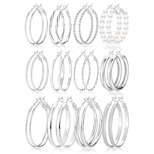 12 Pairs Silver Hoop Earrings for Women, Lightweight Hypoallergenic Thin Large Hoop Earring Set for Birthday Party 40mm/50mm