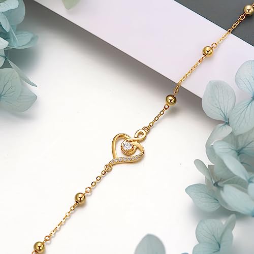 14K Gold Infinity Heart Bracelet for Women Real Gold Heart Infinity Bracelet with Cubic Zirconia 6.5"-8.5"4