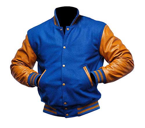 Image of Men Varsity Jacket College Baseball Letterman Wool Jacket Leather Sleeves