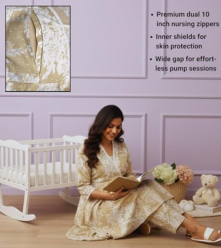 Image of DUMMY SHAPE Maternity Dresses for Women Cotton Blend | Floral Kurta Pant Dupatta Set with Nursing Zippers to Pre & Post Partum | Feeding Kurtis | Mom to Be Gifts for Pregnant Woman