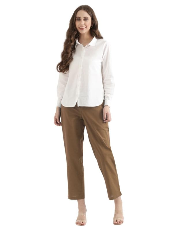 Image of SAADAA Women's Airy Linen Straight Pants | Regular Fit Trousers | Half Elasticated with Drawstrings & Buttons | 4 Pockets | Everyday & Office Wear