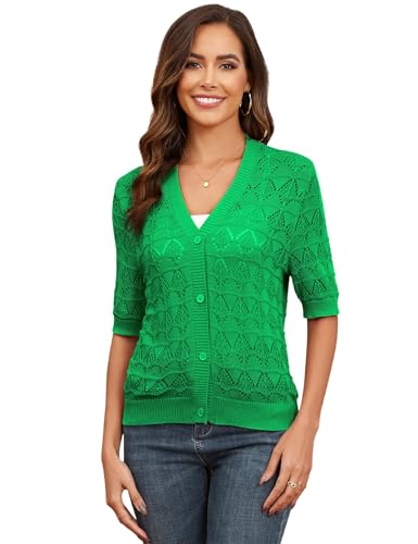 Genhoo Cropped Cardigan Sweaters for Women Short Sleeve Crochet Knit Bolero Shrug V-Neck Button up Hollowed-Out Knit Sweater3