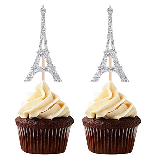24 Counts Paris Theme Cupcake Toppers Eiffel Tower Shape Party Picks Wedding Bridal Shower Decorations - Silver