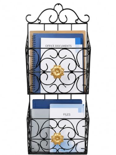 Image of Wall Mounted Hanging File & Magazine Holder - Metal Organizer for Newspapers, Documents & Office Storage | Decorative Rack for Home & Workspace 67x26x10 cm. (Double Magazine Rack BlackG)