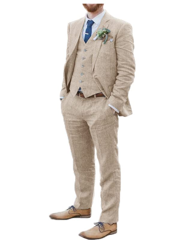 2025 Fashion Men Linen Suits Sets for Beach Wedding Long Sleeves 3 Piece Tuxedo for Party JXZ0983