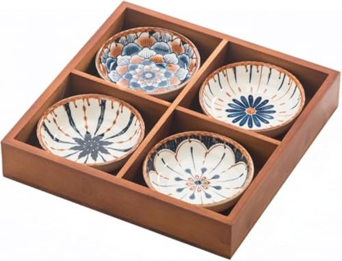 CokBlu 陶器豆皿小皿セット 竹製仕切り付きトレー付属 和食器 前菜皿・醤油皿・小鉢兼用 刺身・寿司・デザート対応 お節料理盛り皿 家庭・宴会用?