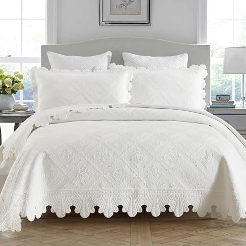 MarCielo 3-Piece 100% Cotton Oversized Bedspread Lightweight Quilt Coverlet Embroidery Farmhouse Bedding Set (TK White, Oversized King (118"x106"))
