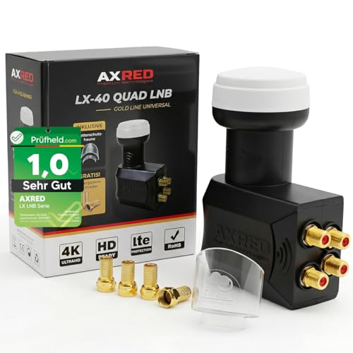 [ Test SEHR GUT Note 1.0 *] AXRED Quad LNB + Wetterschutzhaube + 4X F-Stecker Digital 4Fach 4K HD LMB für 4 Teilnehmer mit Wetterschutz für Fernseher Sat Receiver Satellitenschüssel LNC