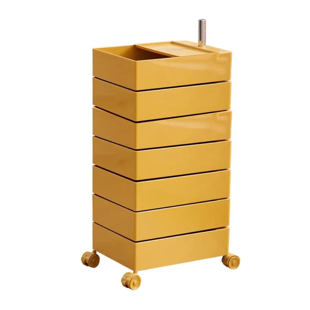 7 Drawer Chest, ABS Mobile File Dressers Storage Cabinet with Wheels,360° Rotating Drawers Organization Cart Furniture for Entryway Office, Home (Yellow, 7-Drawer)