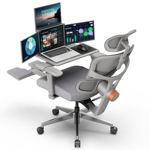 Newtral Office Chair Ergonomic - Home Office Desk Chair, Back Pain Chair with Auto-Following Lumbar Support, 4D Armrest, Seat Depth and Height Adjustable (Foot Rest + Laptop Tray, Gray) Grey