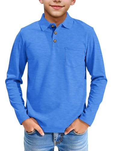 EPICGALA Boys Long Sleeve Polo Shirt Soft School Uniform Shirt with Chest Pocket for Kids Ages 1314 Blue