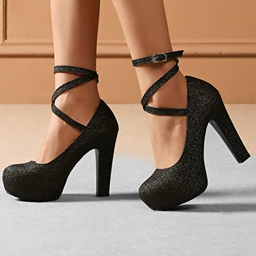 BEAUPAS Women's Glitter Mary Jane Shoes Chunky Ankle Strap High Heels Platform Block Heels Pumps Sequin Round Toe Pump4