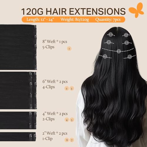 Image of DOORES Clip in Human Hair Extensions Jet Black 16 Inch 7pcs 120g Real Hair Extensions Clip in Straight Natural Hair Extensions Clip in Remy Extensions