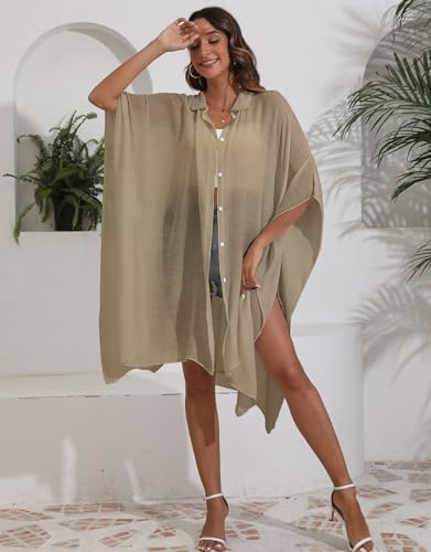 Cogild NZ8408 Women Swimsuit Cover Up Button Down V Neck Half Sleeve Loose Beach Cover Ups Swimwear Shirts thumb #5