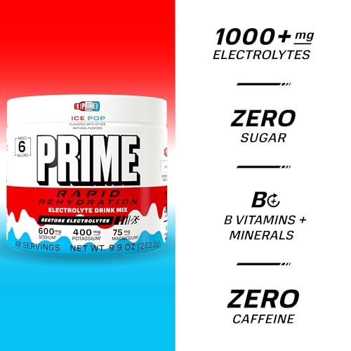 Image of Prime Rapid Rehydration Electrolyte Powder, Ice Pop, Sugar Free Hydration Drink Mix with Sodium, Potassium, Magnesium & B Vitamins to Replenish Fluids, Caffeine Free, 6 Gallon Tub, 48 SRV