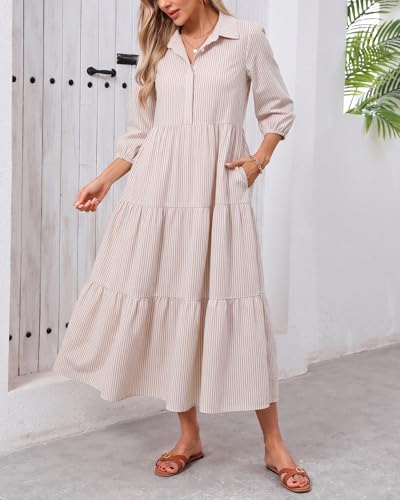 Image of Women Button Down Maxi Shirt Dress Long Sleeve Flowy Tiered Collared Dresses with Pockets
