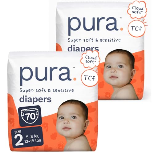 Image of Pura Baby Diapers Size 2-70 Count, 12-18lbs, 12hr Leak Protection, Soft & Gentle Diapers for Hypoallergenic & Sensitive Baby Skin, Toxin-Free*, Organic Cotton, Blowout Blocker, Wetness Indicator