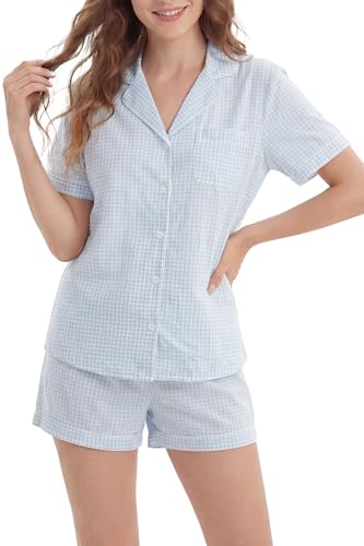 Image of LUBOT 100% Cotton Pajamas for Women 2 Piece PJ Set Poplin Woven Lightweight Ladies Button Short Sleeve Sleepwear S-XXL