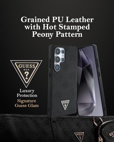 Image of CG MOBILE Guess [Official Licensed] Hot Stamp Peony Pattern| Magnetic System Grained PU Case with Triangle Logo Protective Case Designed for Galaxy S25 Ultra - Black