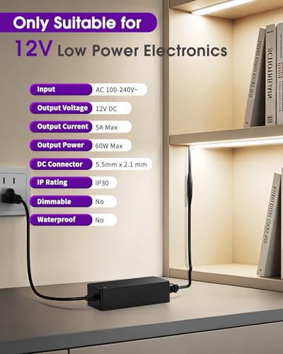 Image of HitLights 12V 60W Power Supply Adapter, UL-Listed 100-240V 50-60Hz AC to DC 12V 5A Transformer Charger Compatible with LED Strip Lights, CCTV & Other Low Voltage Devices