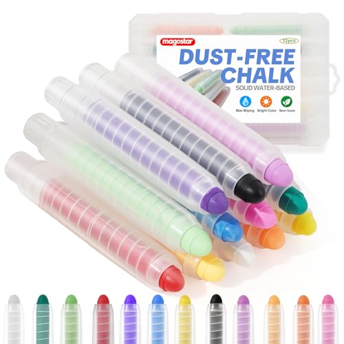 magostar Dustless Chalk for Kids 12 Pcs Non-Toxic Washable Sidewalk Chalk Pens Vibrant Colored Chalk for Chalkboard & Blackboard Drawing Wet Erase Easy Clean Art Set