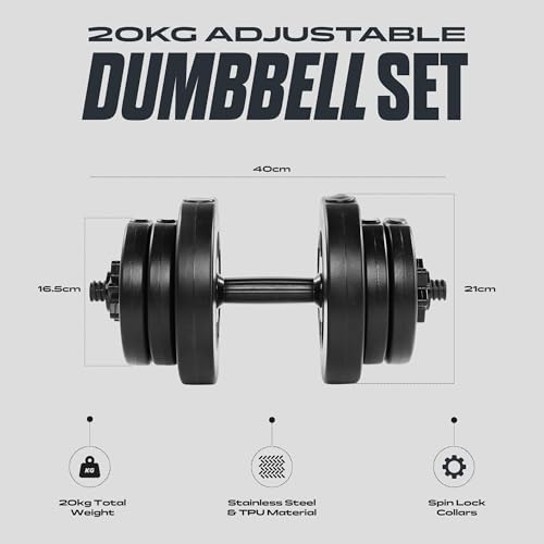 Phoenix Fitness Adjustable Dumbbell Set – 20Kg Weight Set For Strength Training & Weight Lifting – Compact & Durable Home Gym Weights For Men & Women (20Kg) - 2
