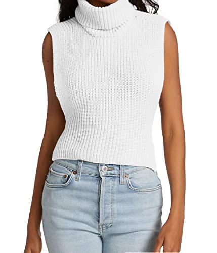 Image of Womens Sleeveless Sweater Vest Turtleneck Ribbed Knit Tank Tops Basic Slim Fit Top
