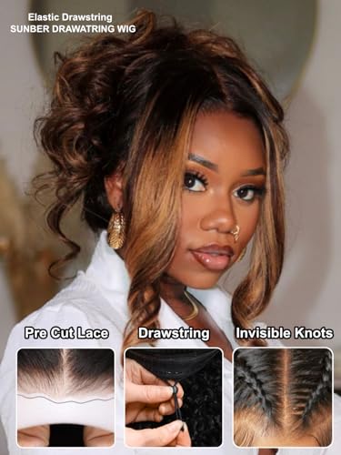Image of Sunber Ombre Brown Balayage 7x5 Pre-Everything Wig With Loose Wave Face-Framing Layers and Side-Swept Bangs With Drawstring 180% Density Pre Plucked Bye Bye Knots Glueless Drawstring Wig 24Inch