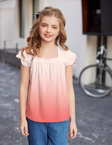 Image of Arshiner Girls Shirts Short Sleeve Square Neck Summer Lace Openwork Pleated Tops Blouse Tunic