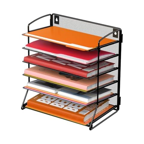 Gawerk 6 Tier Mesh Desk File Organizer Tray, Desktop Paper Sorter Letter Shelf Rack for Office Home School, Black Cover