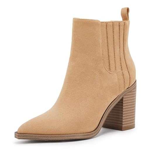 Botas femininas de cano curto, sem cadarço, bico fino, salto grosso, cano médio, painel elástico de couro, botas Chelsea Western, Camelo, 11