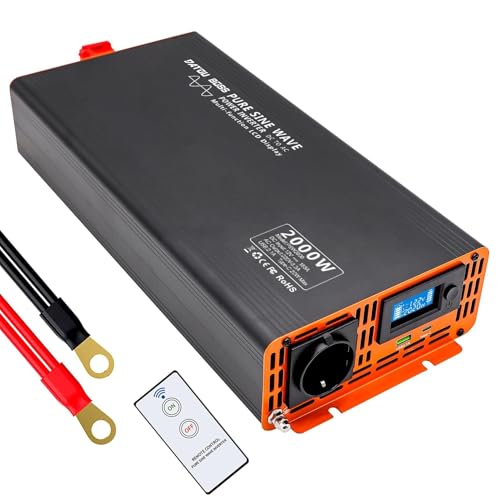 DATOUBOSS Inversor 12V 220V 2000W Onda Sinusoidal Pura, Pico 4000W, Convertidor con 1 Enchufe UE, 1 Puerto USB-C y 1 USB-A, Pantalla LCD, Mando a Distancia, para Coche, Camión y Camping