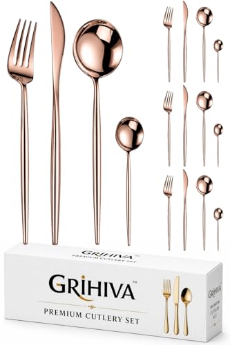 Image of 16 Pcs Rosegold Slim Handle Stainless Steel Cutlery Set for Dining Table with Spoons and Forks Set + Butterknives - The Perfect Tableware /Flatware