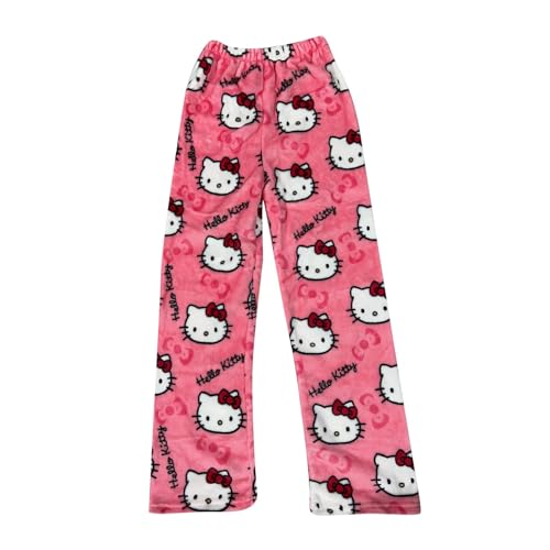 Schlafanzug Damen Hosen Lang Flanell Hello Kitty Pyjama Hose Damen Schlafhose Weich Kawaii Pyjamas Anime Bequeme Winter Schlafanzughose