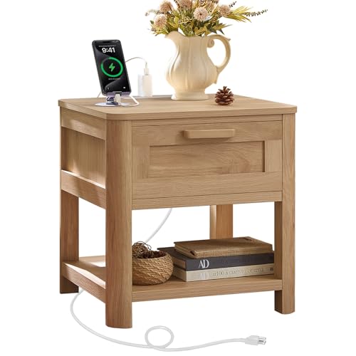 Image of Joaxswe Farmhouse Side Tables Living Room, Small Nightstand with 1 Drawers & Open Shelving & 4 Thickened Table Legs, Natural Wood
