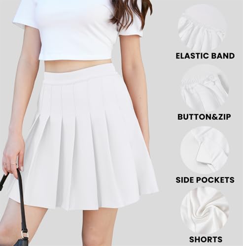 SANGTREE Women Pleated Tennis Skirts, High Waist Skater Mini Y2K Athletic Skorts with Pockets Cotton Tummy Control, White US L
