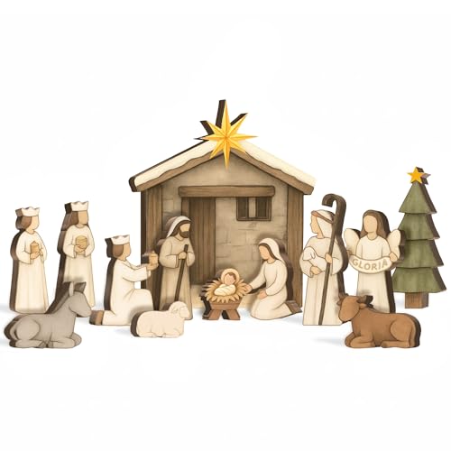 DINIZON Wooden Nativity Set Wood Christmas Nativity Scene Set