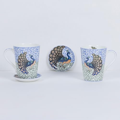 Image of GOLDEN QUEEN'S Mugs & Coaster Set of 2 for Coffee, Tea, Milk - Ideal for Your Daily Beverage Ritual, Hosting & Casual Gatherings | 300ML | Micorwave Safe - Indian Peafowl