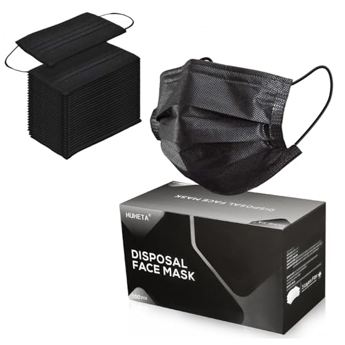 100PCs Black Disposable Face Mask 3-Ply Breathable & Comfortable Safety ...