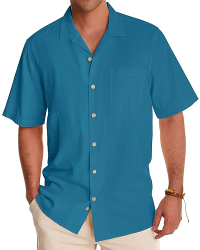 Image of Alimens & Gentle Mens Linen Shirts Cotton Hawaiian Shirts Short Sleeve Button Down Shirts Casual Summer Beach Tops