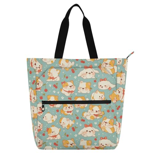 Decorative Kids Book Tote for Boys Girls Adults, Cartoon Small Bulldog Cherry Lightweight Teacher Tote Bags Handbags with Inner Pockets for School Shopping Beach Rainbow bolso para libros de